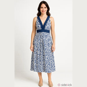 Women's Ann Taylor Blue White Leaf Print Silk Midi Dress Size 6
